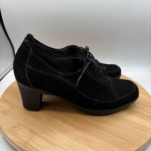 Clarks Bendables Honest Q Black Suede Oxford Pumps Lace Up Womens 8 W Wide Shoe - Picture 1 of 11